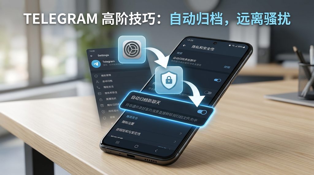 手机界面演示，显示 Telegram 的归档文件夹设置路径，上方覆盖着透明的操作提示图标