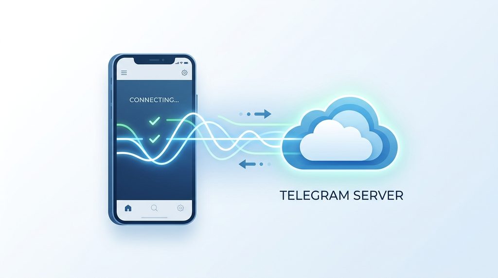 极简风格的插画，展示了手机正在通过网络波形图与云端服务器进行稳定的数据传输连接