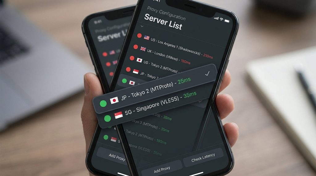 手机屏幕显示代理工具的节点列表，界面清晰，标记出延迟较低的绿色节点