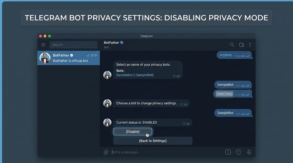 在 Telegram BotFather 对话框中，展示关闭 Privacy Mode 的具体指令操