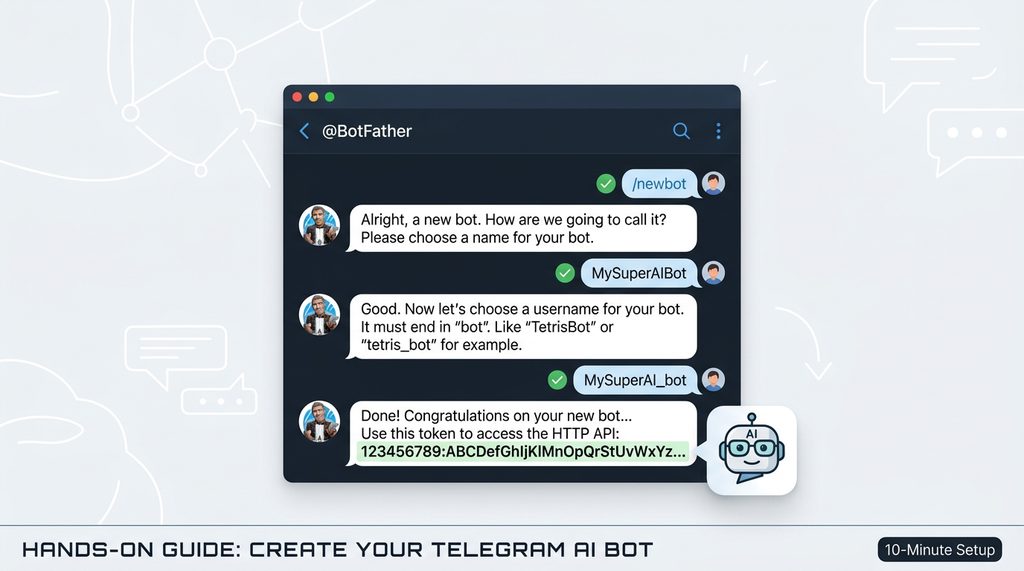 一个清晰的界面展示 Telegram BotFather 对话框，显示正在创建新机器人的步骤，简约风
