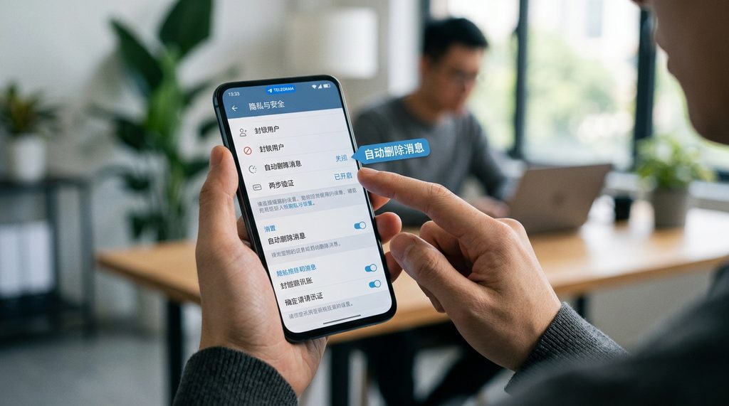 用户在手机界面操作Telegram隐私设置菜单的特写，界面已显示为中文
