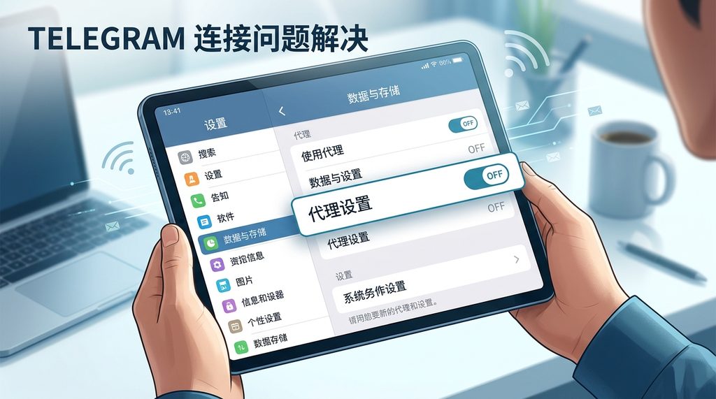 Telegram 设置页面，聚焦在“数据与存储”菜单中的代理设置开关