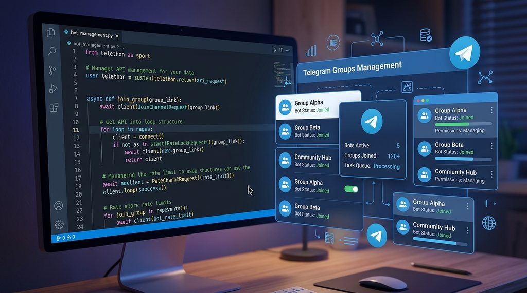 展示 Python 代码编辑器中调用 API 管理多个 Telegram 群组的场景，屏幕显示代码逻