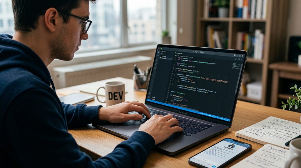 程序员在笔记本电脑上编写 Python 代码的场景，屏幕显示简洁的编辑器界面