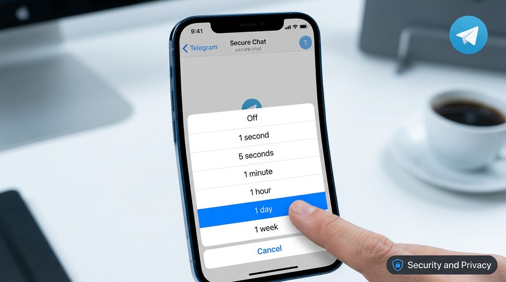 手机屏幕截图，展示在Telegram加密聊天界面点击时钟图标设置自动销毁时间的过程，界面简洁，高亮显