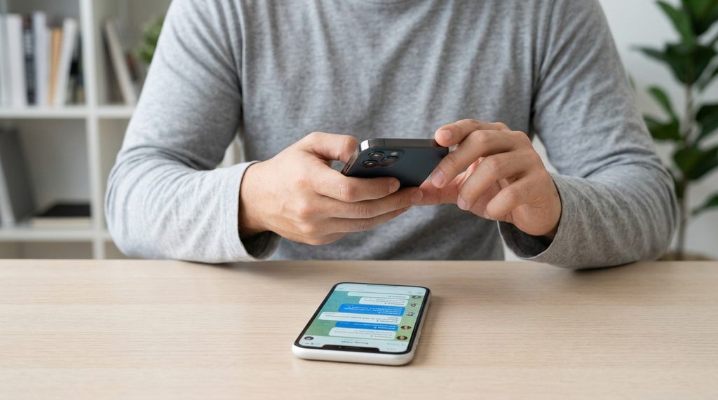 一个人的双手拿着第二部智能手机，正在拍摄另一台手机上显示的 Telegram 对话界面，背景简洁干净