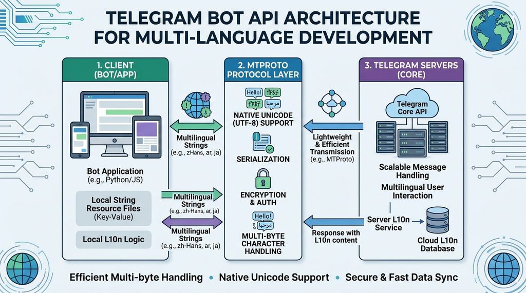 展示 Telegram Bot API 交互架构的示意图，包含客户端、MTProto 协议层与服务器