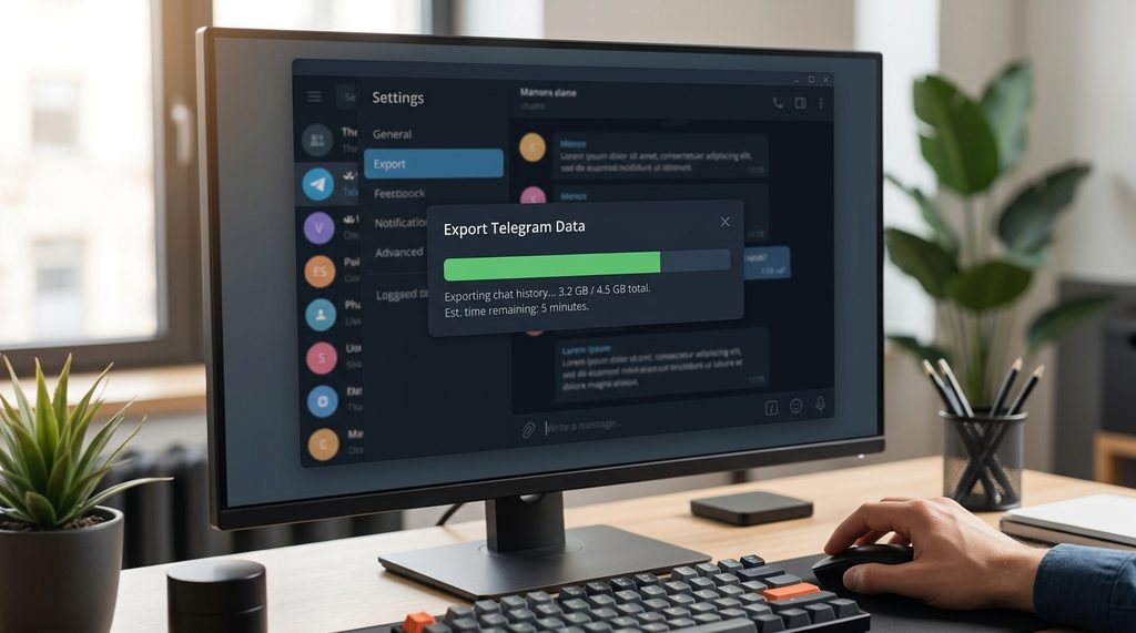 用户在电脑端Telegram设置中进行数据导出的界面,显示导出聊天记录的进度条