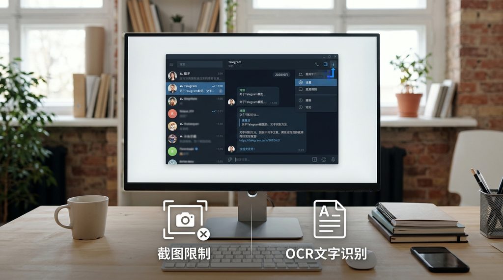 电脑显示器上显示着 Telegram 桌面版界面，周围有简单的辅助工具图标，强调办公场景的效率感