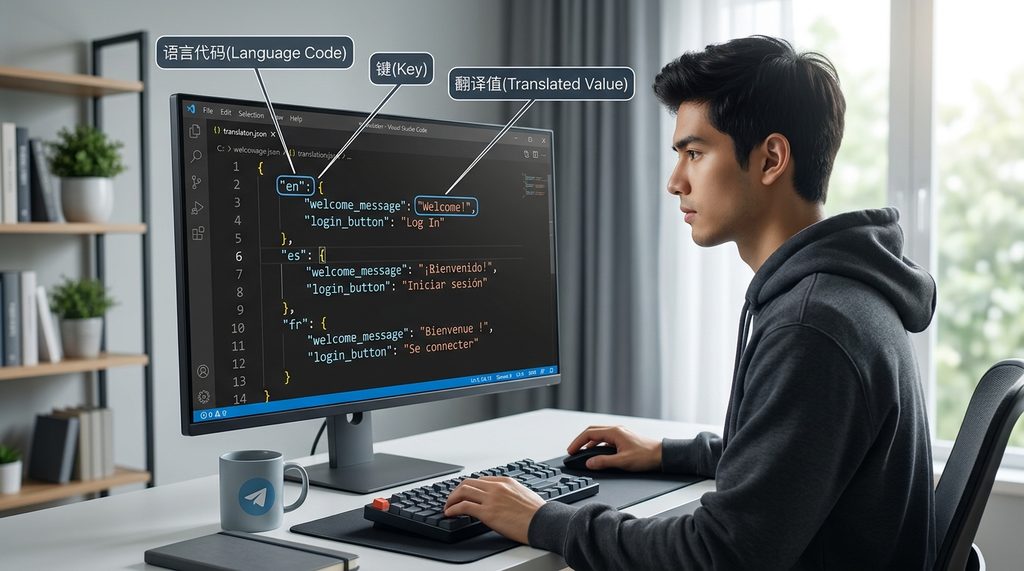 一名开发者在代码编辑器中展示多语言翻译 JSON 文件，界面清晰，标注了键值对的结构