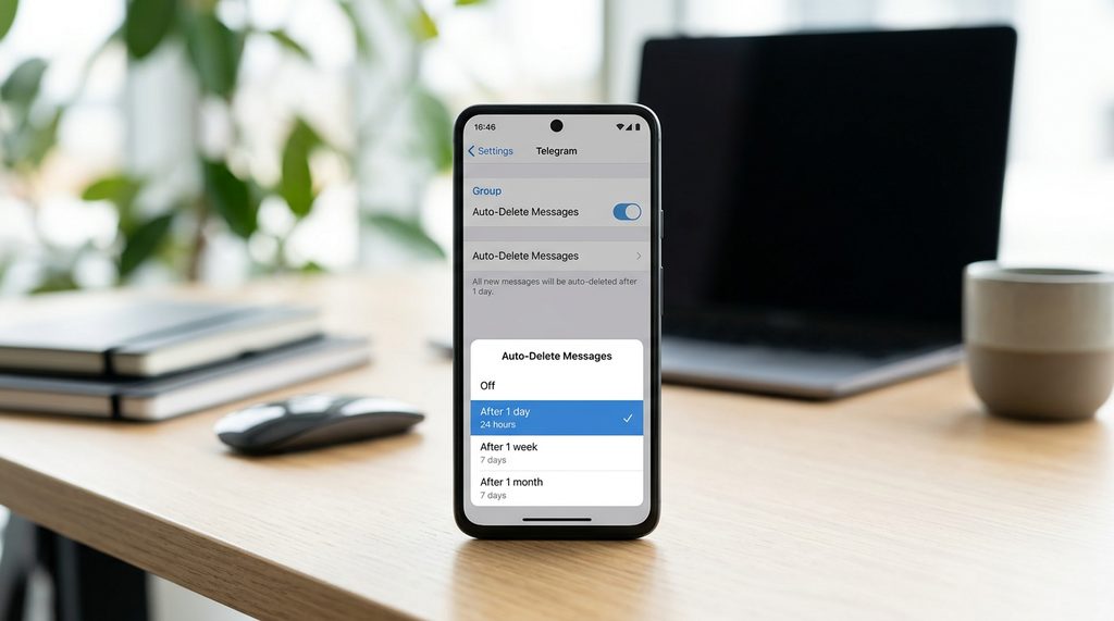 Telegram群组设置界面，展示“自动删除消息”功能选项菜单，周围环境为明亮办公桌面风格