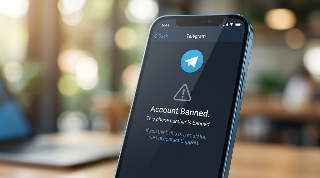 一个简洁的手机屏幕截图,显示Telegram账号被封禁的报错界面,背景模糊,光影自然