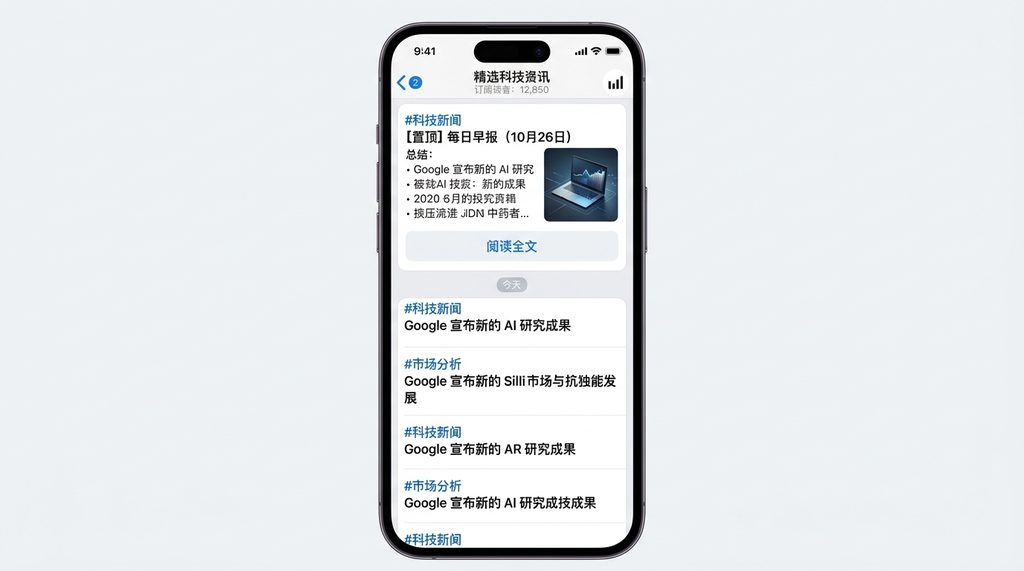 一个清晰的 Telegram 频道界面截图，展示了排版精美、带有分割线和标签的资讯推送，风格简洁专业