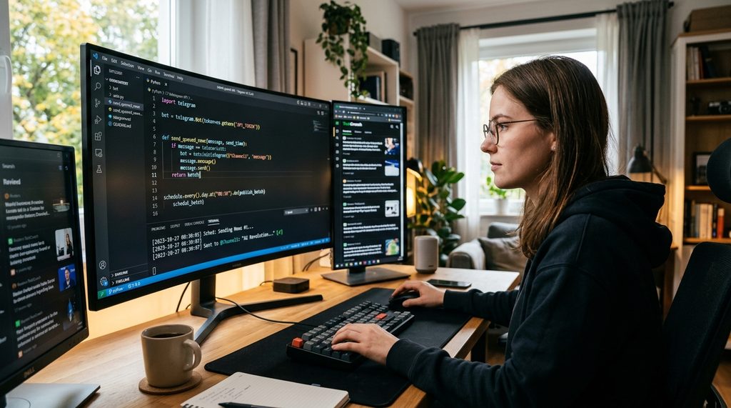 一个程序员正在操作 Python 代码窗口，屏幕上显示着 Telegram API 的调用逻辑，背景