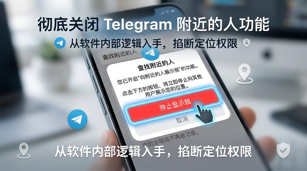 智能手机界面展示Telegram菜单栏中的“附近的人”选项,高亮显示“停止显示我”按钮的特写,背景模