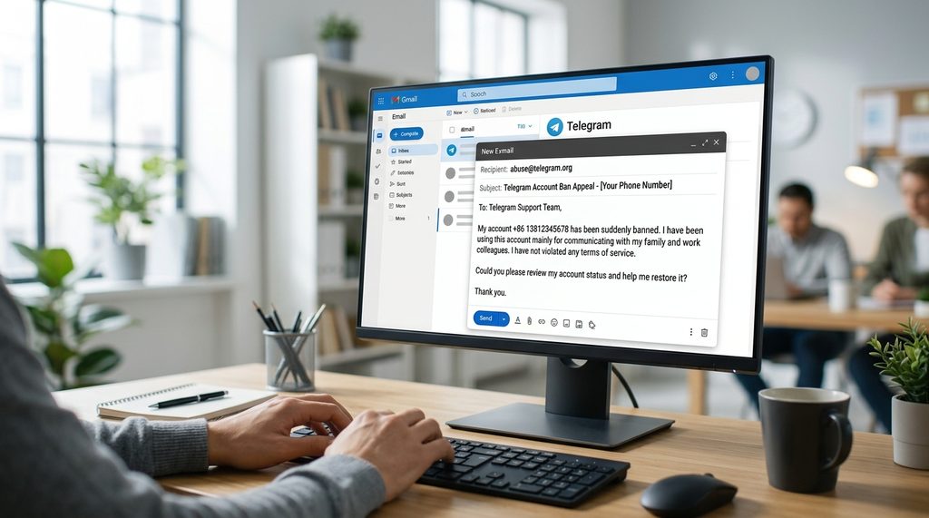 电脑显示器上打开邮件客户端，正在输入申诉信息的界面，背景为简约办公室环境